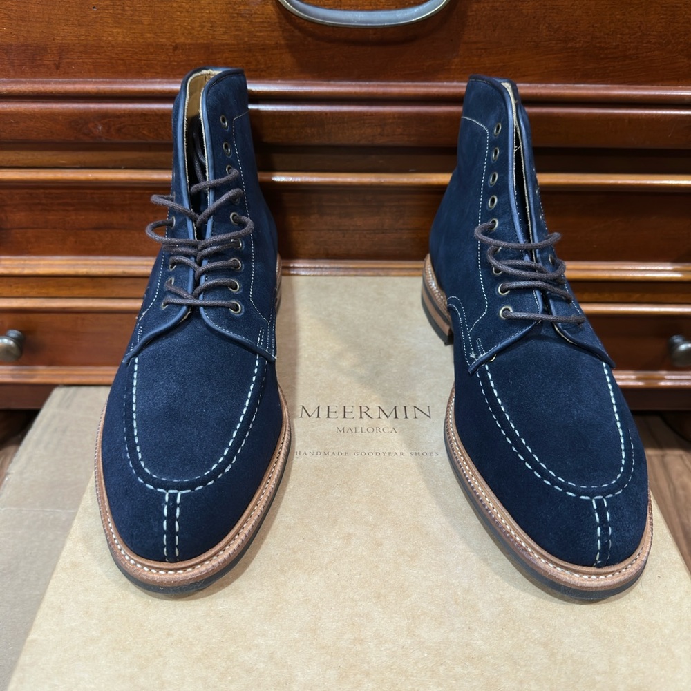 Meermin Suede Navy Split-toe Boots Men Size 7.5 US HOK last NEW Discontinued